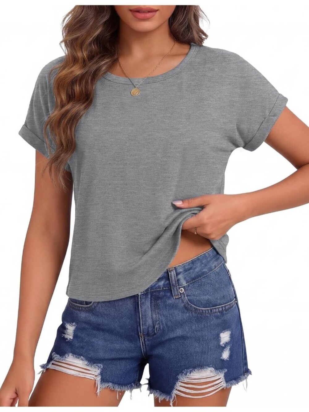 Women's Grey Roll Short Sleeve Crewneck Loose Fit Boxy Pull On Crop Tops